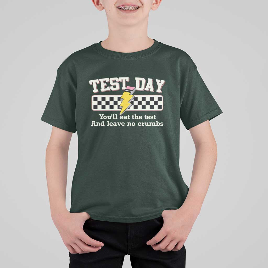 Funny Test Day You'll Eat The Test And Leave No Crumbs T Shirt For Kid Teacher Pencil Lightning Bolt
