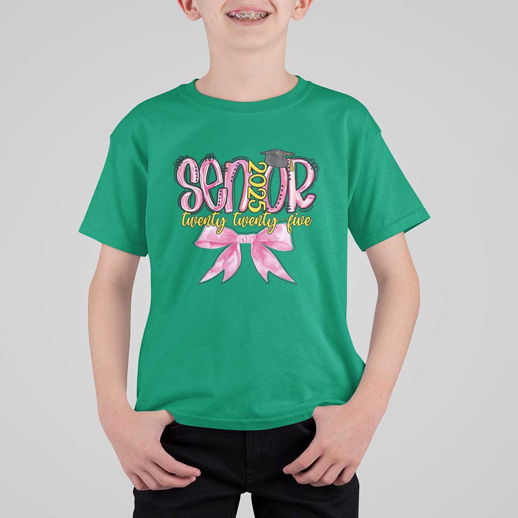 Funny Senior EST 2025 Graduation T Shirt For Kid Twenty Twenty Five Pink Bow