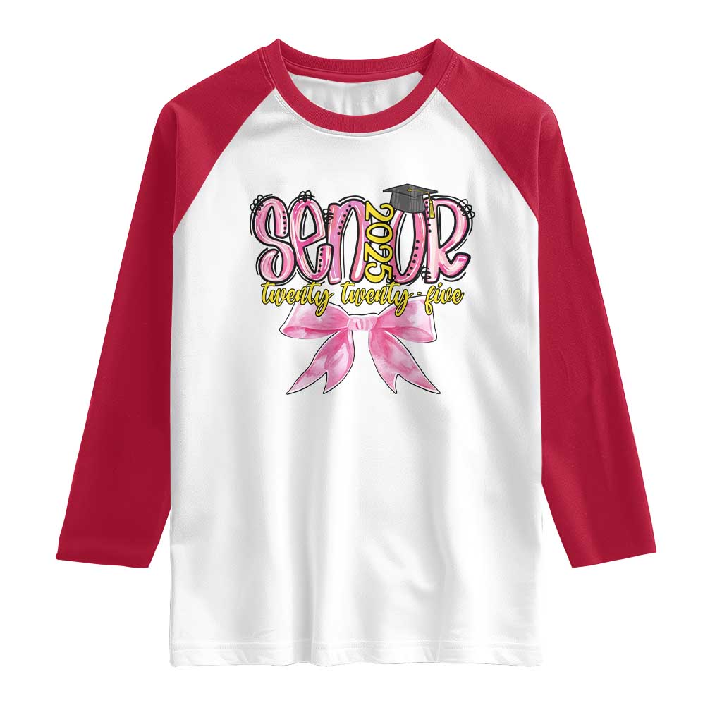 Funny Senior EST 2025 Graduation Raglan Shirt Twenty Twenty Five Pink Bow