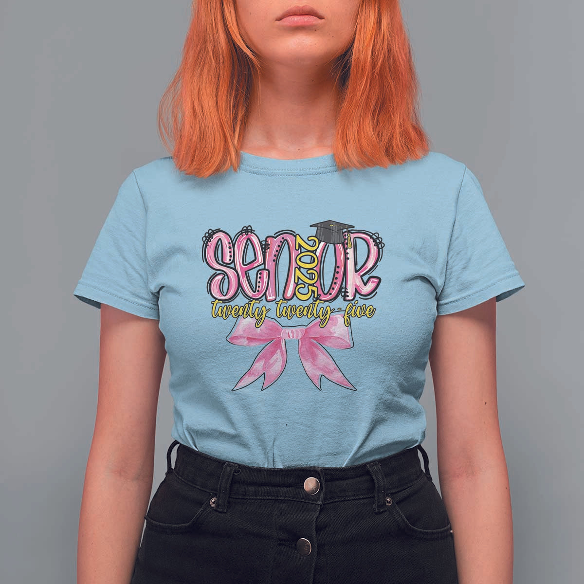 Funny Senior EST 2025 Graduation T Shirt For Women Twenty Twenty Five Pink Bow