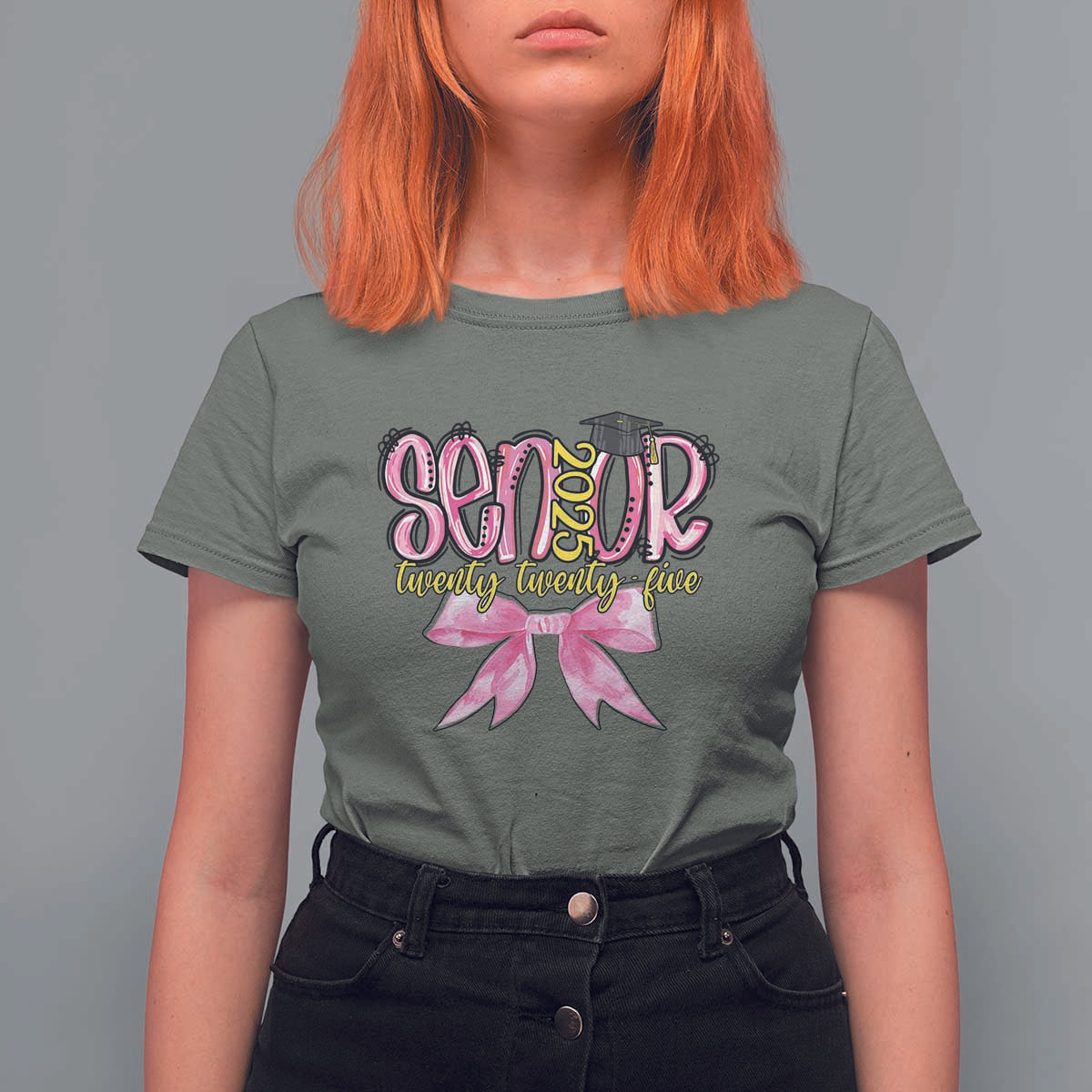 Funny Senior EST 2025 Graduation T Shirt For Women Twenty Twenty Five Pink Bow