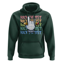 Funny Rock The Test Teacher Testing Day Hoodie Rock And Roll Hand Sign