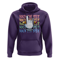 Funny Rock The Test Teacher Testing Day Hoodie Rock And Roll Hand Sign