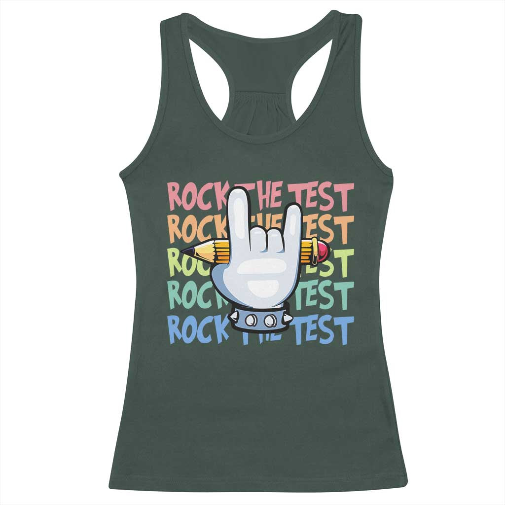 Funny Rock The Test Teacher Testing Day Racerback Tank Top Rock And Roll Hand Sign