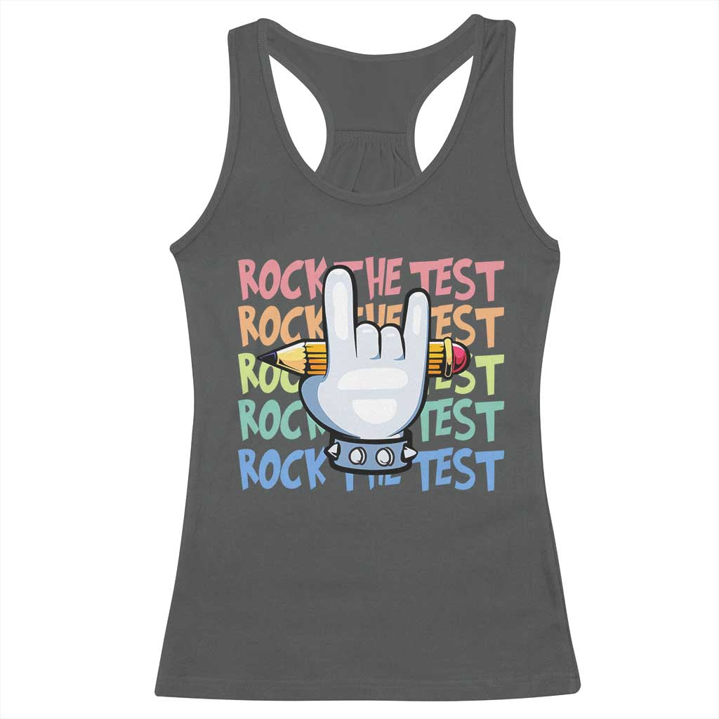 Funny Rock The Test Teacher Testing Day Racerback Tank Top Rock And Roll Hand Sign