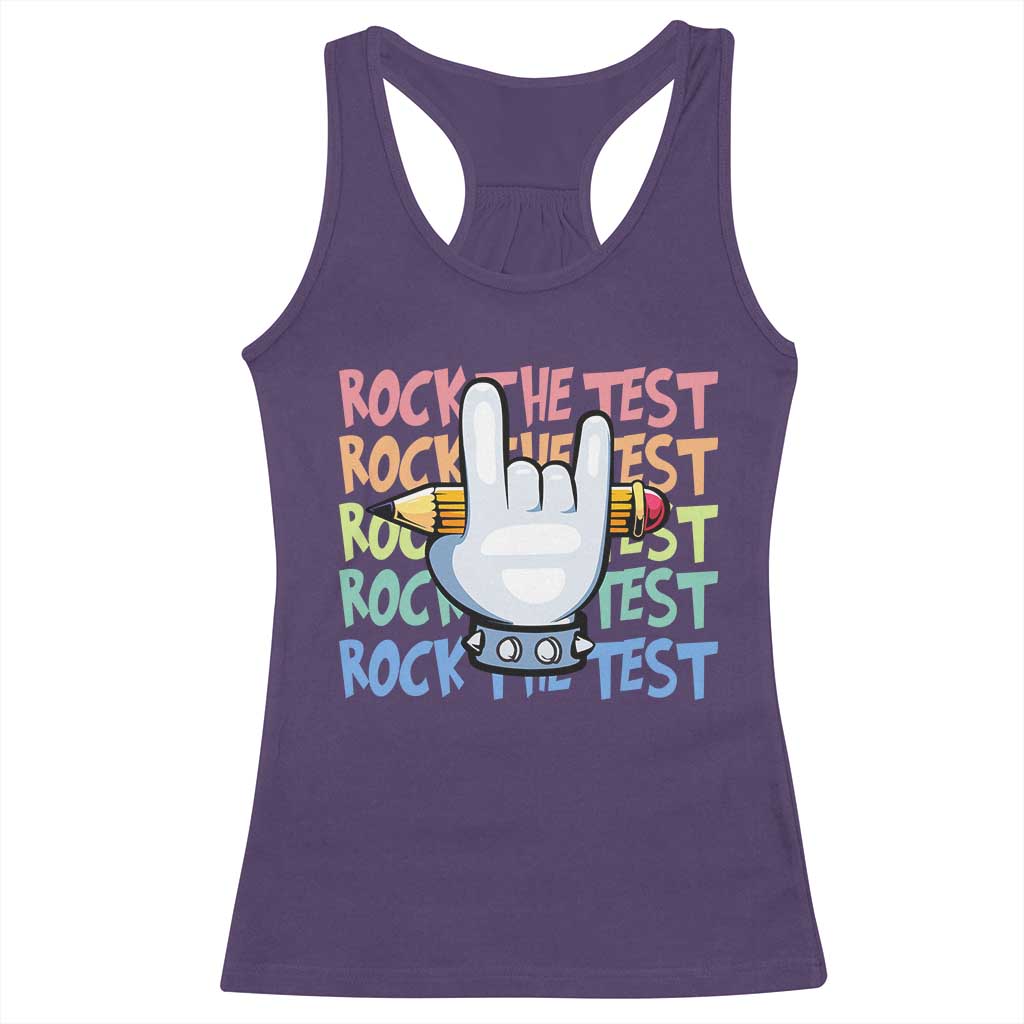 Funny Rock The Test Teacher Testing Day Racerback Tank Top Rock And Roll Hand Sign