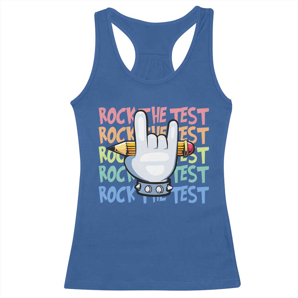 Funny Rock The Test Teacher Testing Day Racerback Tank Top Rock And Roll Hand Sign