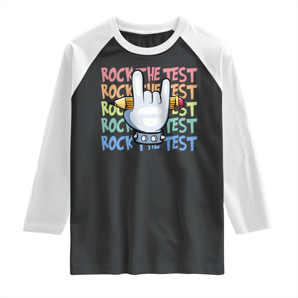 Funny Rock The Test Teacher Testing Day Raglan Shirt Rock And Roll Hand Sign