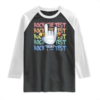 Funny Rock The Test Teacher Testing Day Raglan Shirt Rock And Roll Hand Sign