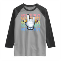 Funny Rock The Test Teacher Testing Day Raglan Shirt Rock And Roll Hand Sign