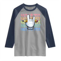 Funny Rock The Test Teacher Testing Day Raglan Shirt Rock And Roll Hand Sign