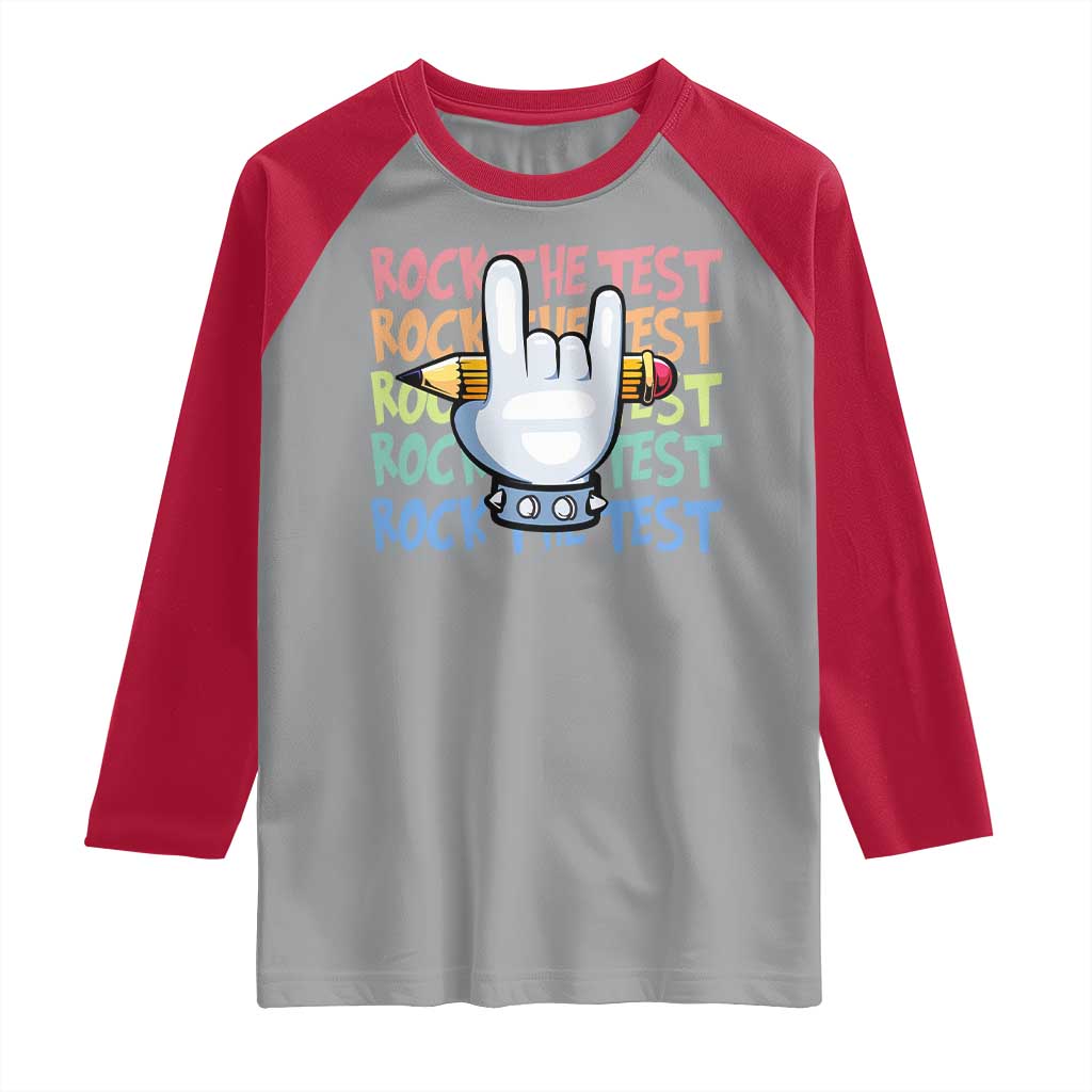 Funny Rock The Test Teacher Testing Day Raglan Shirt Rock And Roll Hand Sign