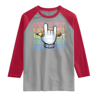 Funny Rock The Test Teacher Testing Day Raglan Shirt Rock And Roll Hand Sign