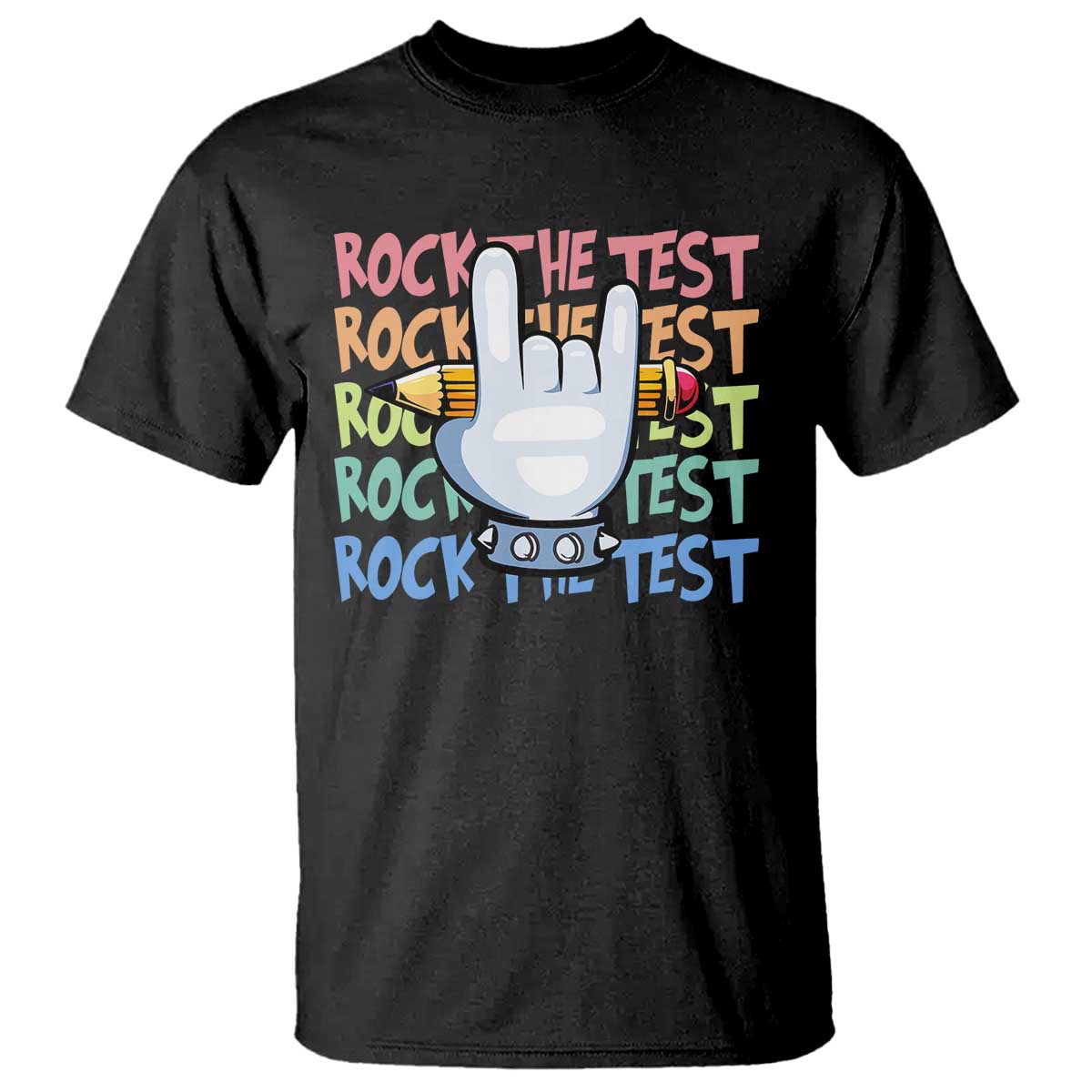 Funny Rock The Test Teacher Testing Day T Shirt Rock And Roll Hand Sign