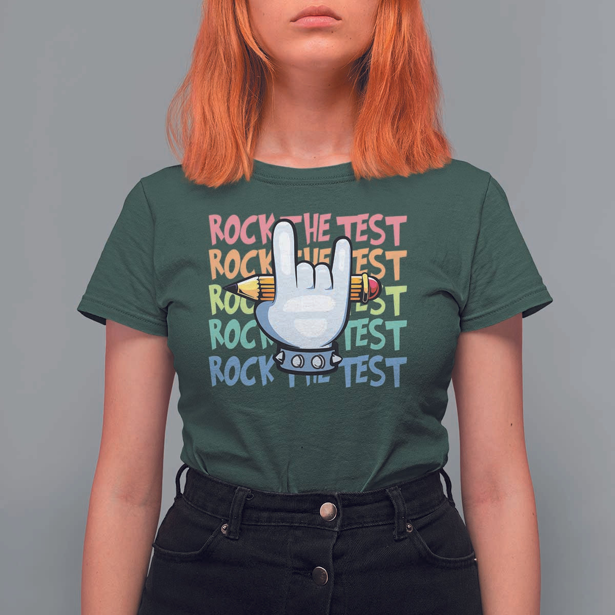 Funny Rock The Test Teacher Testing Day T Shirt For Women Rock And Roll Hand Sign