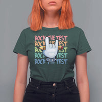 Funny Rock The Test Teacher Testing Day T Shirt For Women Rock And Roll Hand Sign
