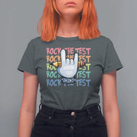 Funny Rock The Test Teacher Testing Day T Shirt For Women Rock And Roll Hand Sign
