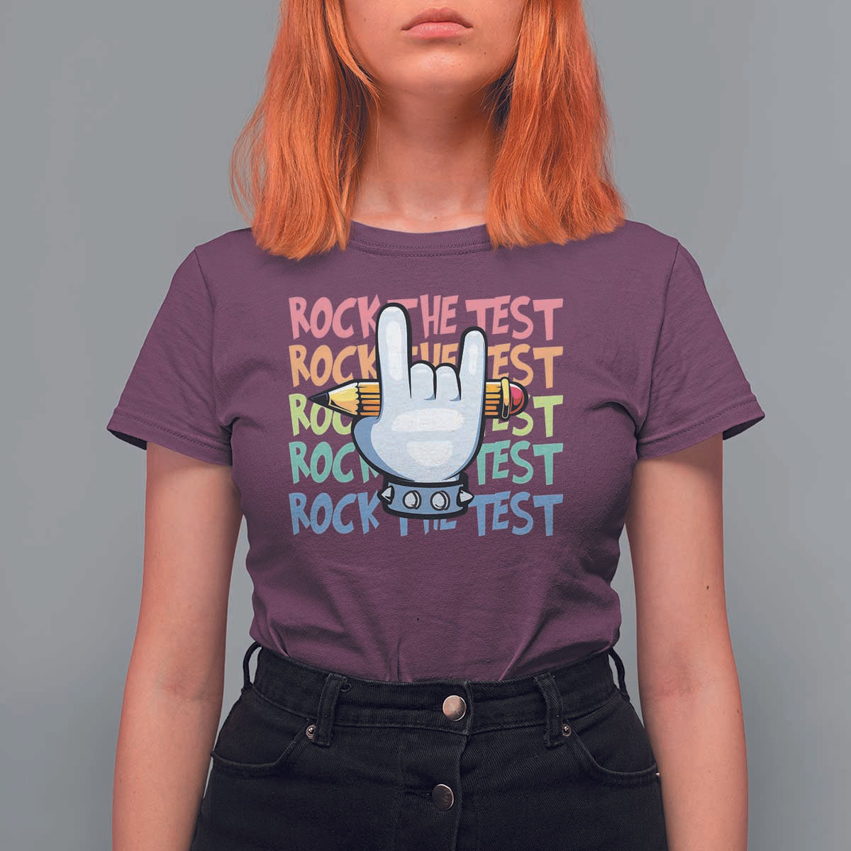 Funny Rock The Test Teacher Testing Day T Shirt For Women Rock And Roll Hand Sign