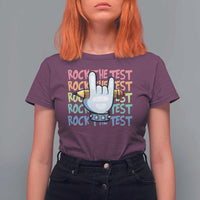 Funny Rock The Test Teacher Testing Day T Shirt For Women Rock And Roll Hand Sign