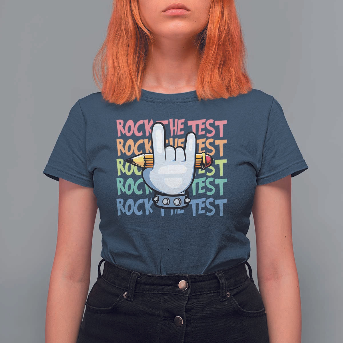Funny Rock The Test Teacher Testing Day T Shirt For Women Rock And Roll Hand Sign