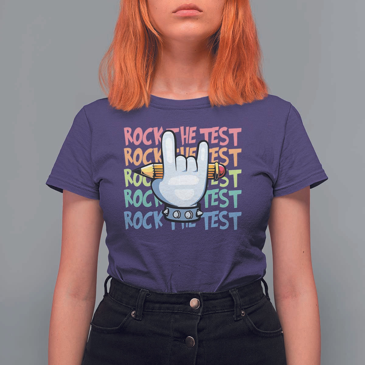 Funny Rock The Test Teacher Testing Day T Shirt For Women Rock And Roll Hand Sign