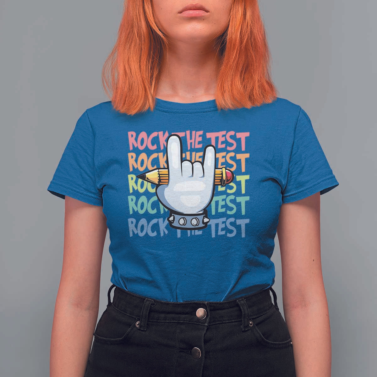 Funny Rock The Test Teacher Testing Day T Shirt For Women Rock And Roll Hand Sign