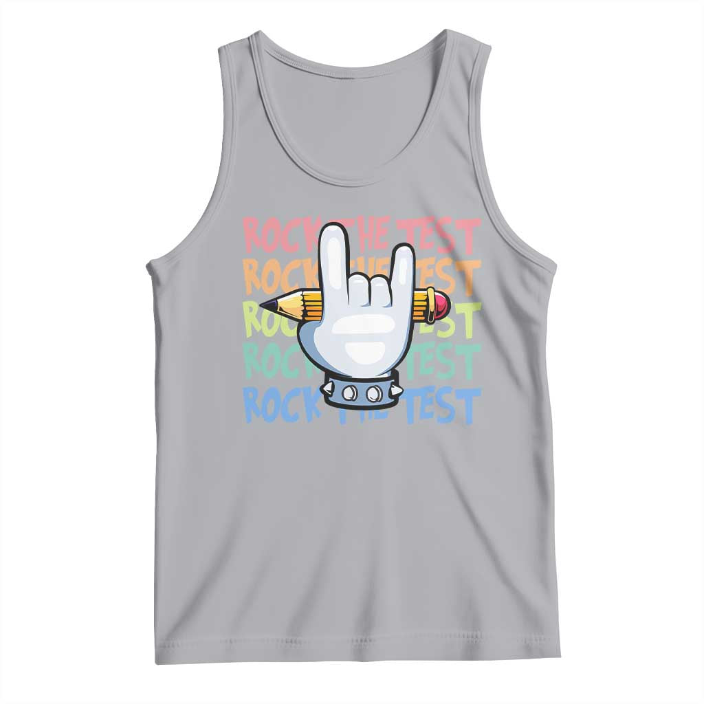 Funny Rock The Test Teacher Testing Day Tank Top Rock And Roll Hand Sign