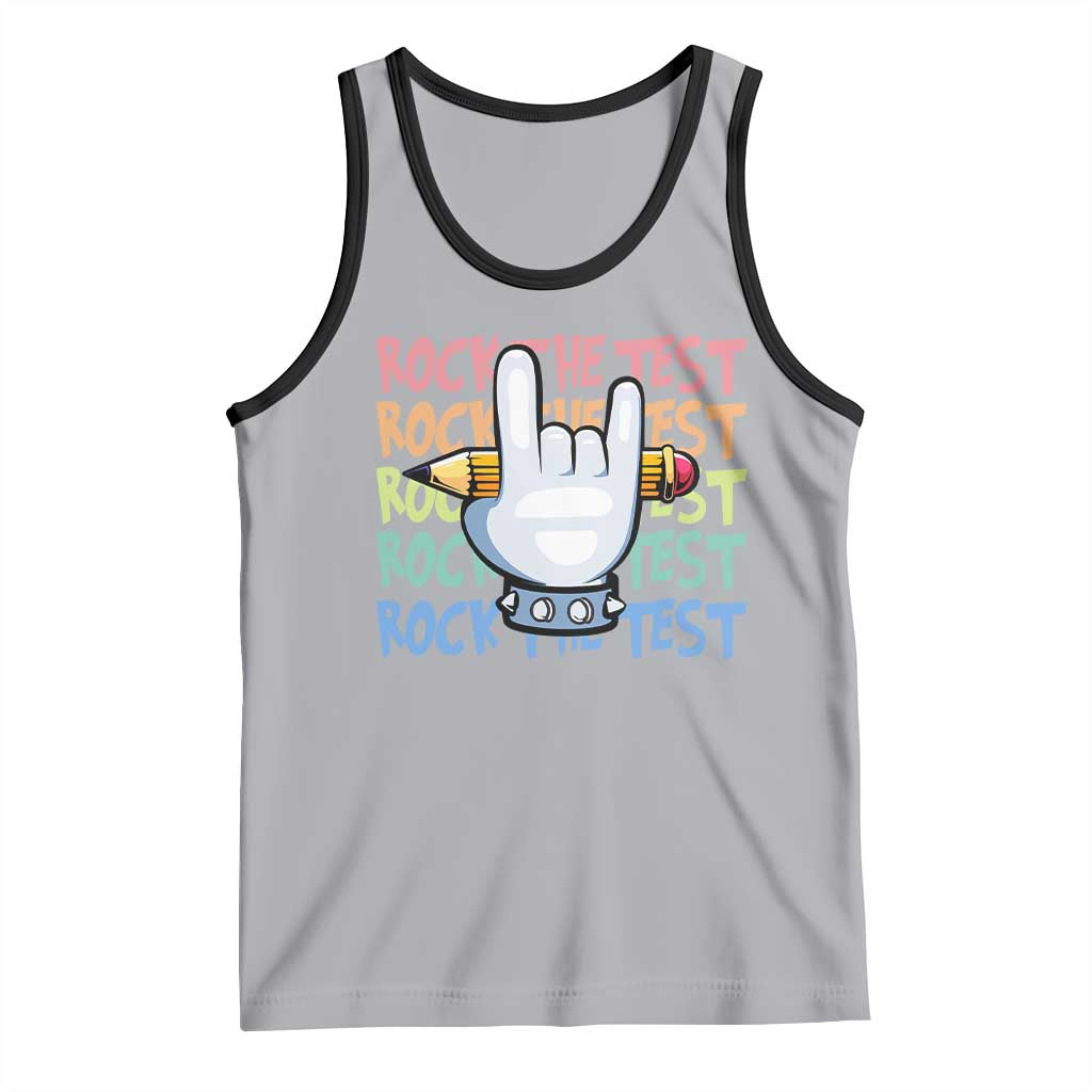 Funny Rock The Test Teacher Testing Day Tank Top Rock And Roll Hand Sign