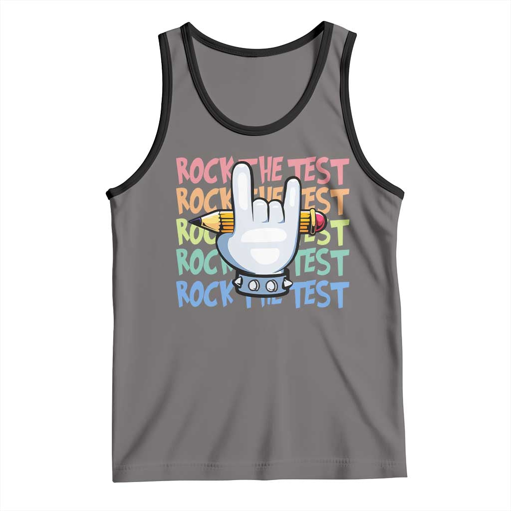 Funny Rock The Test Teacher Testing Day Tank Top Rock And Roll Hand Sign