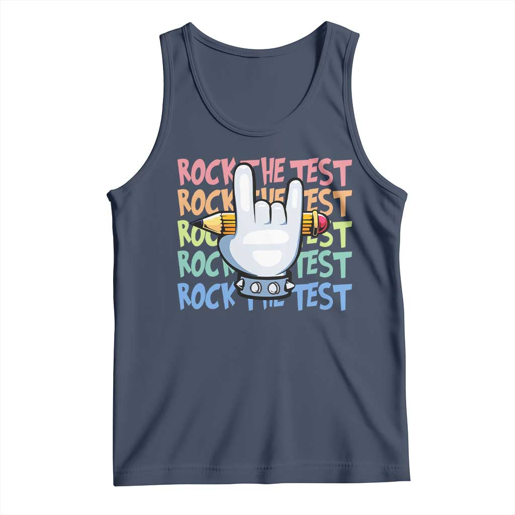Funny Rock The Test Teacher Testing Day Tank Top Rock And Roll Hand Sign