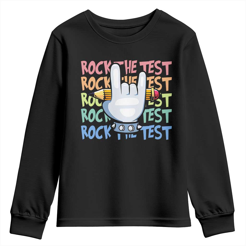 Funny Rock The Test Teacher Testing Day Youth Sweatshirt Rock And Roll Hand Sign