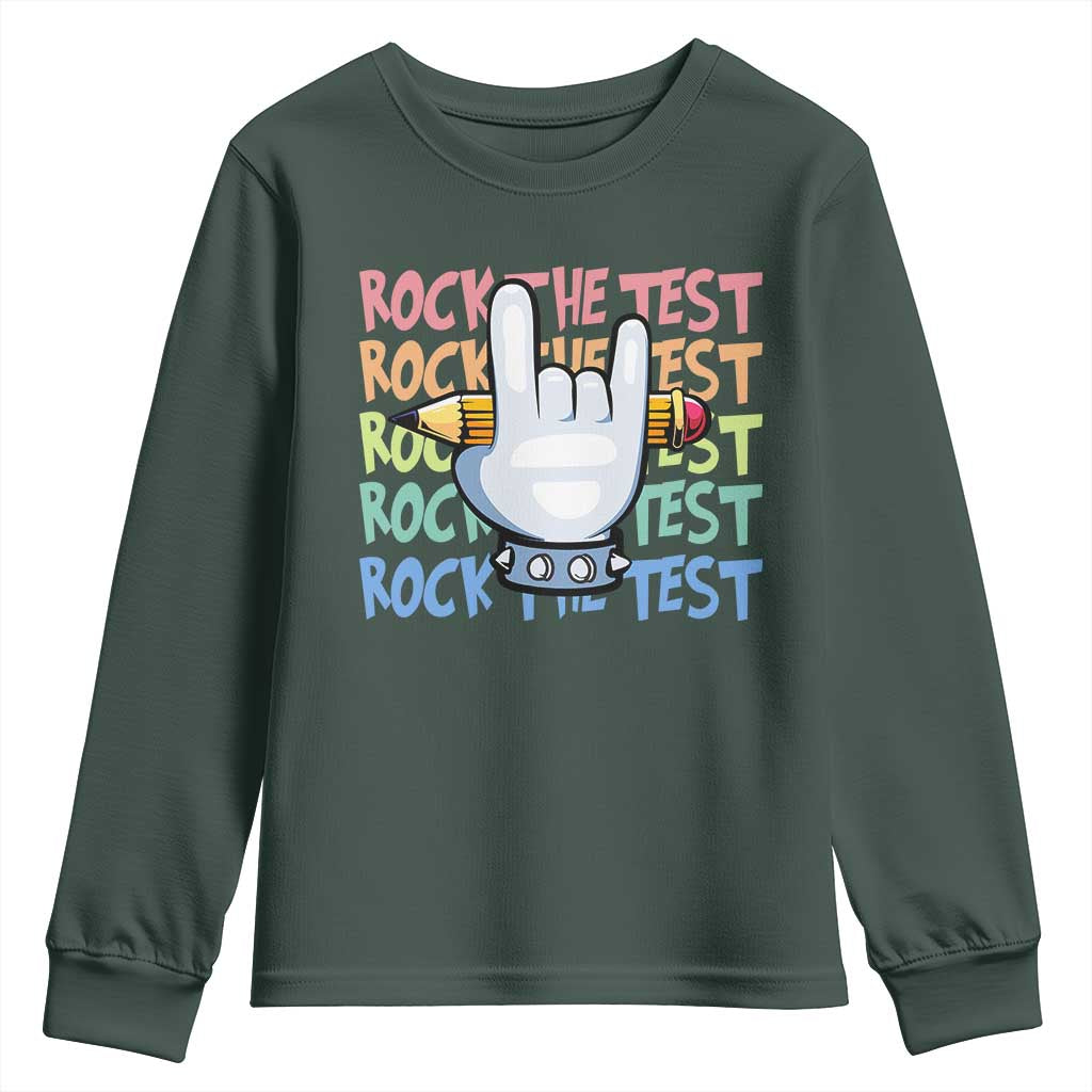Funny Rock The Test Teacher Testing Day Youth Sweatshirt Rock And Roll Hand Sign