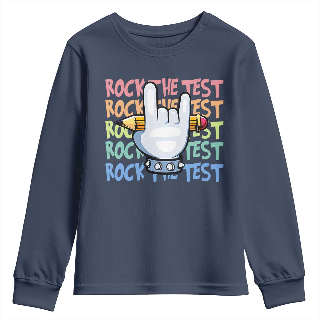 Funny Rock The Test Teacher Testing Day Youth Sweatshirt Rock And Roll Hand Sign
