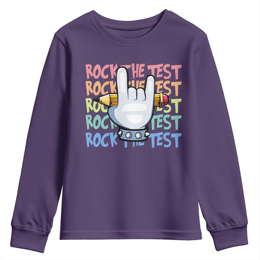 Funny Rock The Test Teacher Testing Day Youth Sweatshirt Rock And Roll Hand Sign