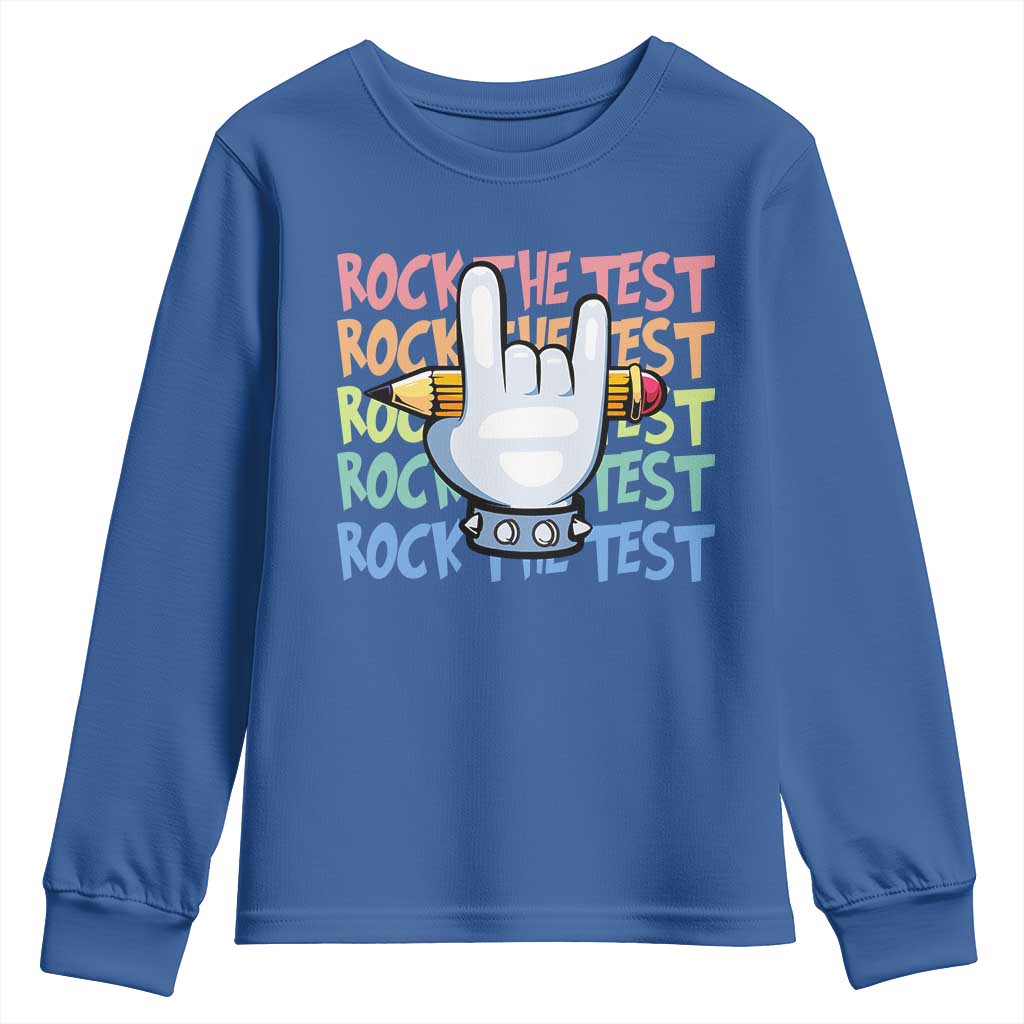 Funny Rock The Test Teacher Testing Day Youth Sweatshirt Rock And Roll Hand Sign