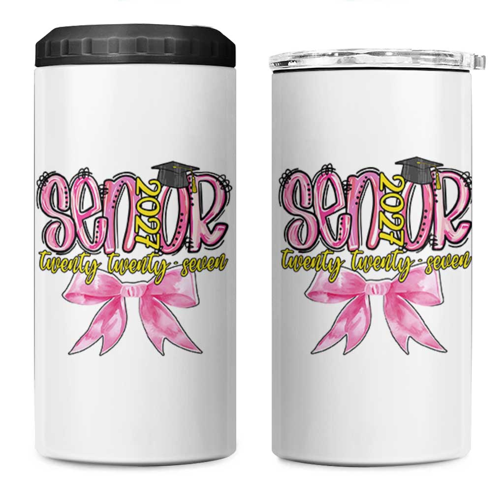 Funny Senior EST 2027 Graduation 4 in 1 Can Cooler Tumbler Twenty Twenty Seven Pink Bow