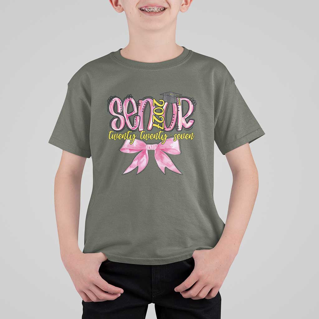 Funny Senior EST 2027 Graduation T Shirt For Kid Twenty Twenty Seven Pink Bow
