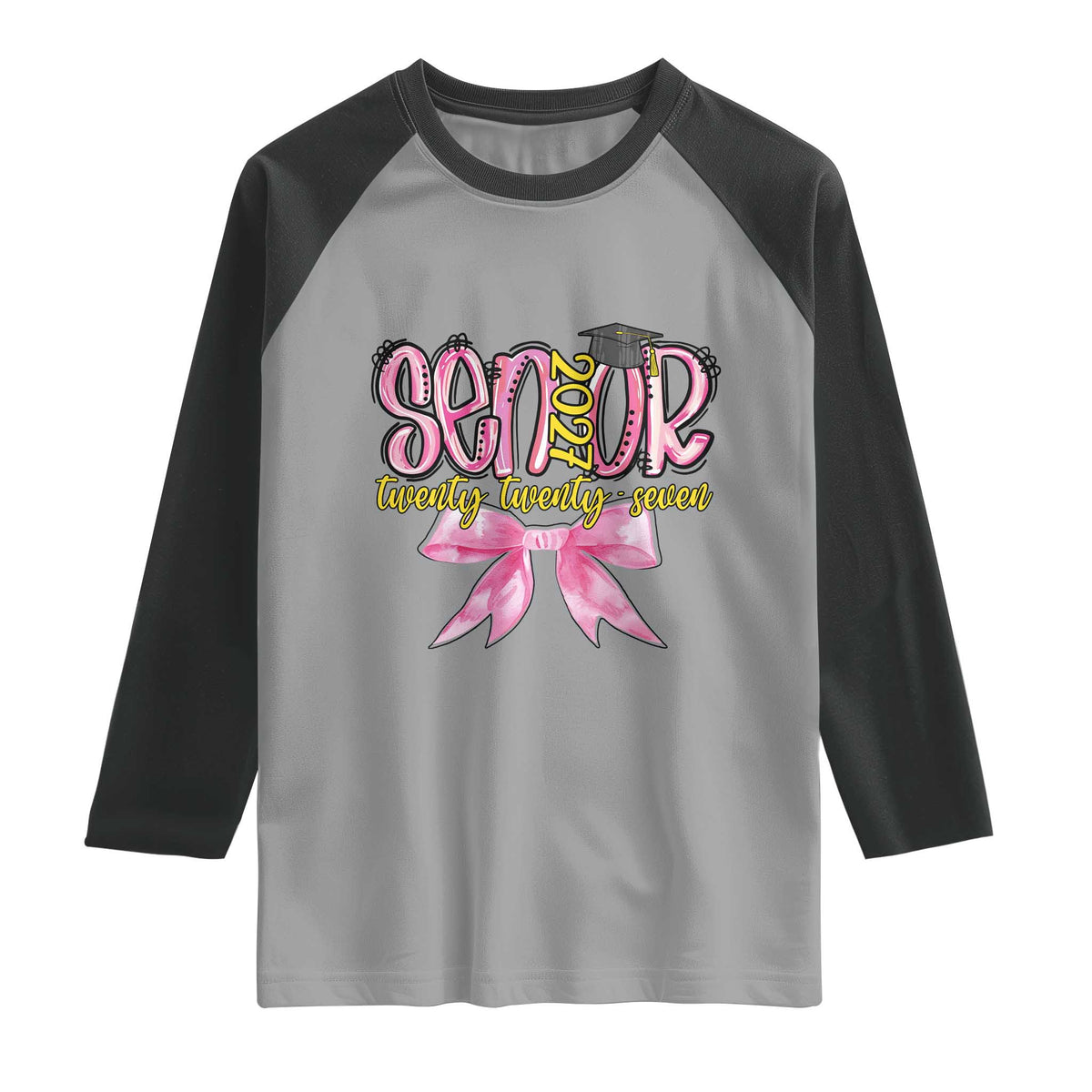 Funny Senior EST 2027 Graduation Raglan Shirt Twenty Twenty Seven Pink Bow