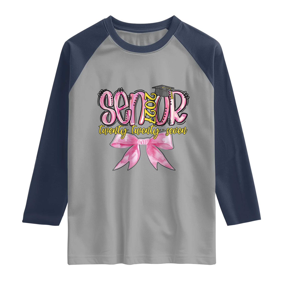 Funny Senior EST 2027 Graduation Raglan Shirt Twenty Twenty Seven Pink Bow