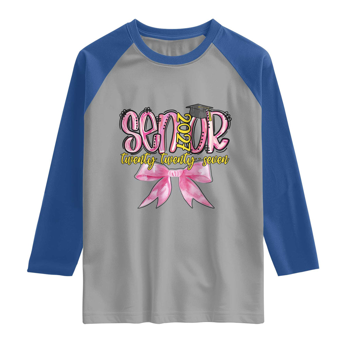 Funny Senior EST 2027 Graduation Raglan Shirt Twenty Twenty Seven Pink Bow