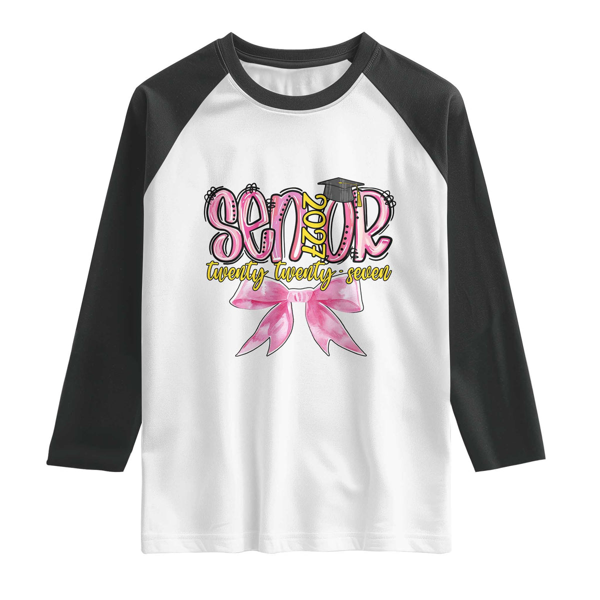 Funny Senior EST 2027 Graduation Raglan Shirt Twenty Twenty Seven Pink Bow