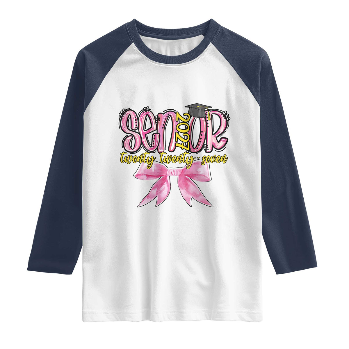 Funny Senior EST 2027 Graduation Raglan Shirt Twenty Twenty Seven Pink Bow