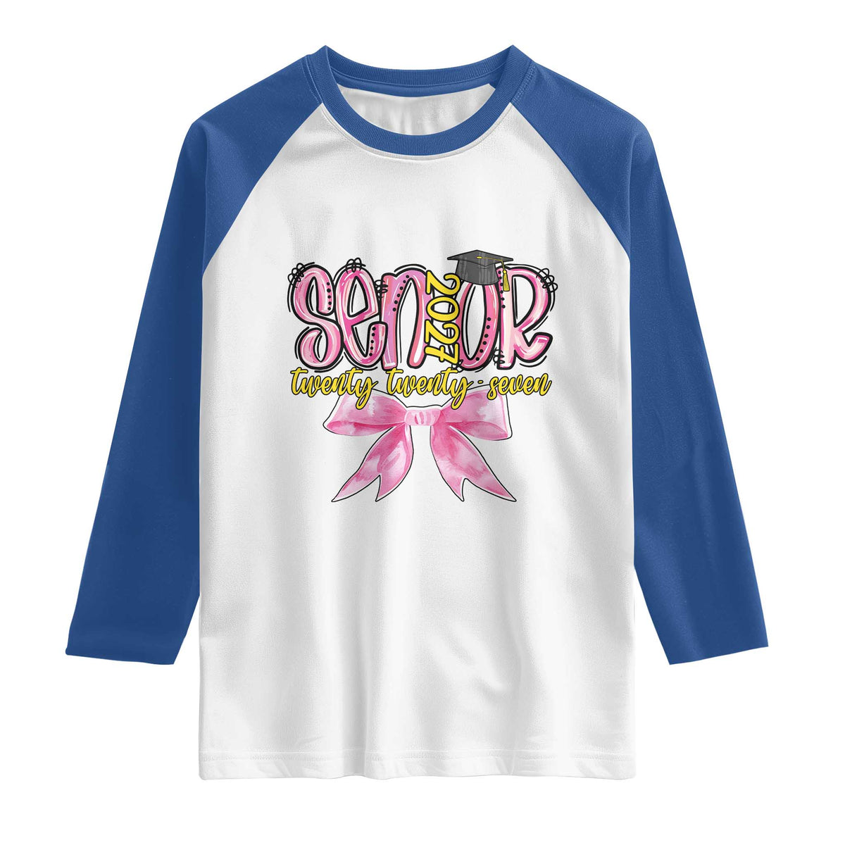 Funny Senior EST 2027 Graduation Raglan Shirt Twenty Twenty Seven Pink Bow