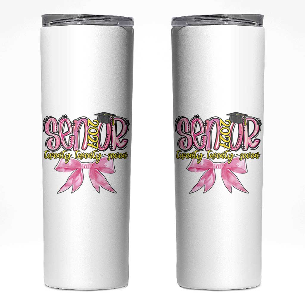 Funny Senior EST 2027 Graduation Skinny Tumbler Twenty Twenty Seven Pink Bow