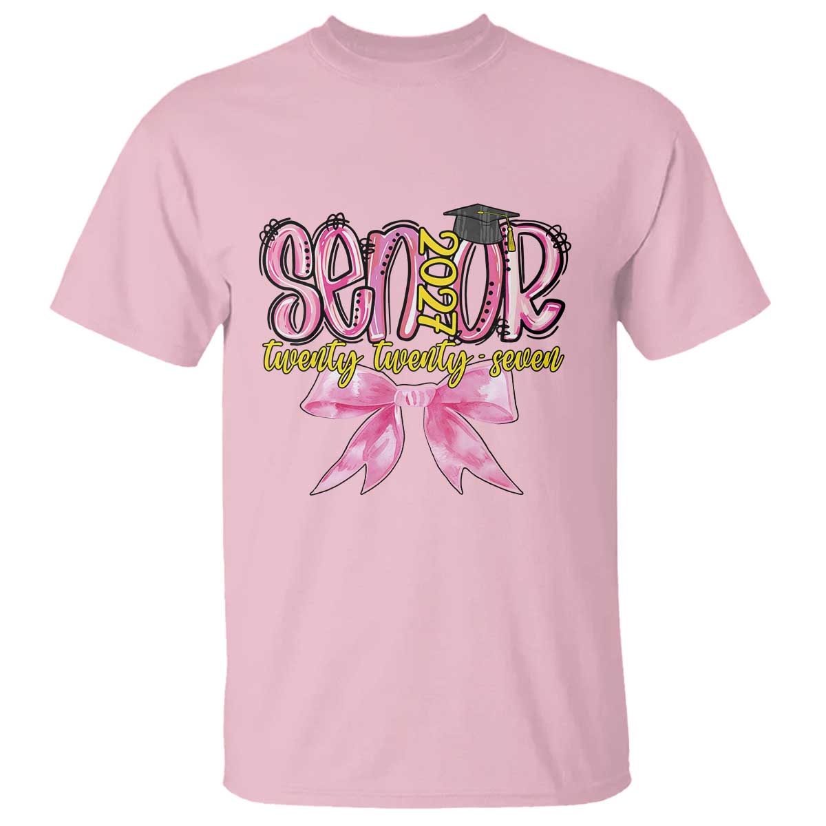 Funny Senior EST 2027 Graduation T Shirt Twenty Twenty Seven Pink Bow