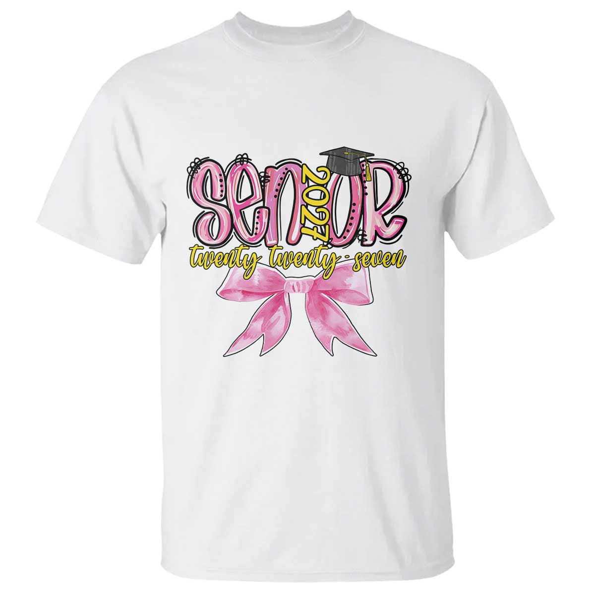 Funny Senior EST 2027 Graduation T Shirt Twenty Twenty Seven Pink Bow