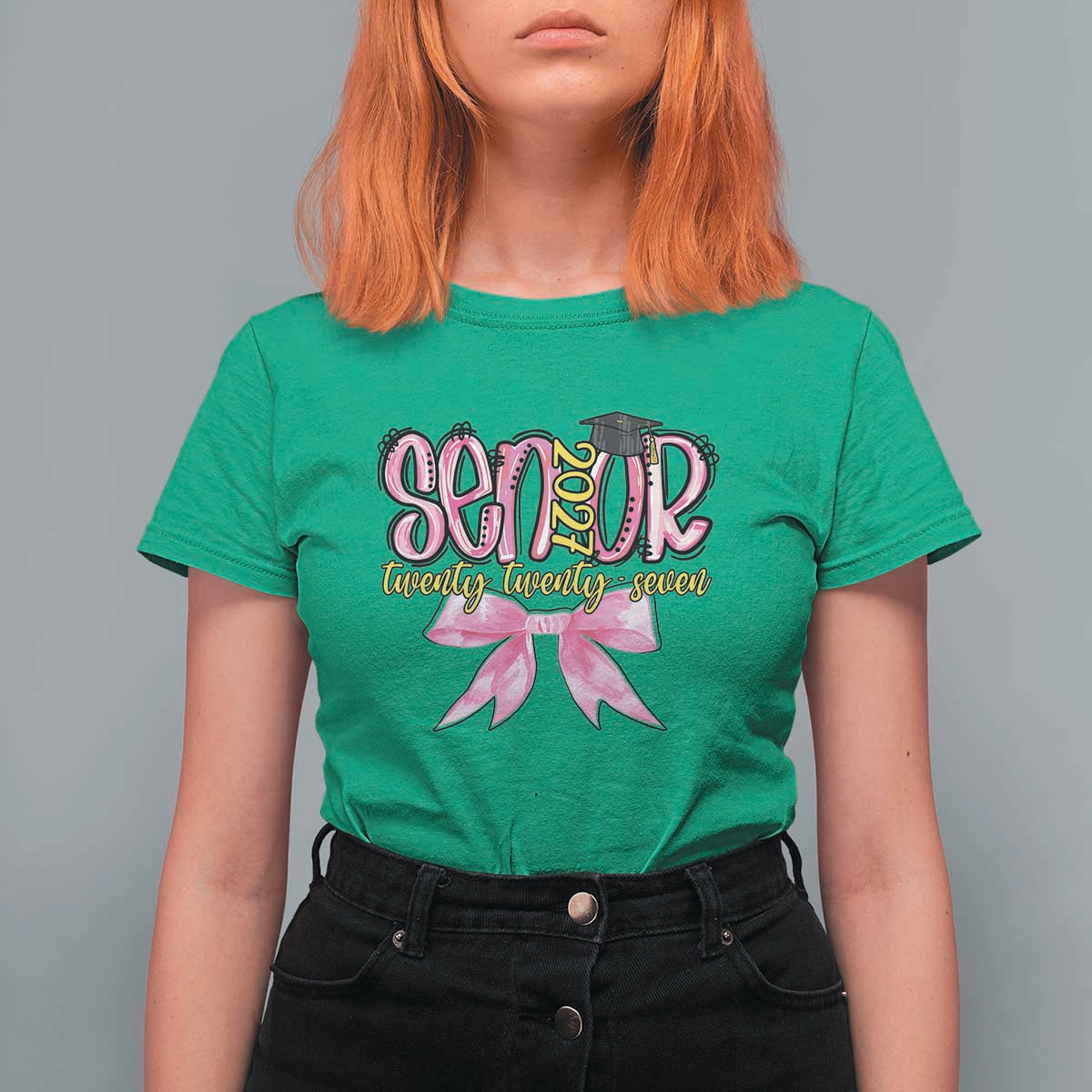 Funny Senior EST 2027 Graduation T Shirt For Women Twenty Twenty Seven Pink Bow