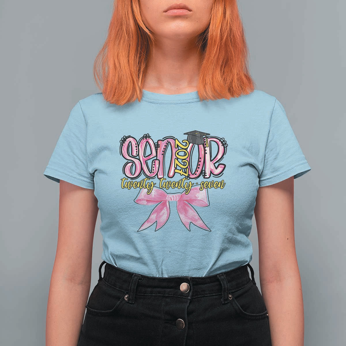 Funny Senior EST 2027 Graduation T Shirt For Women Twenty Twenty Seven Pink Bow