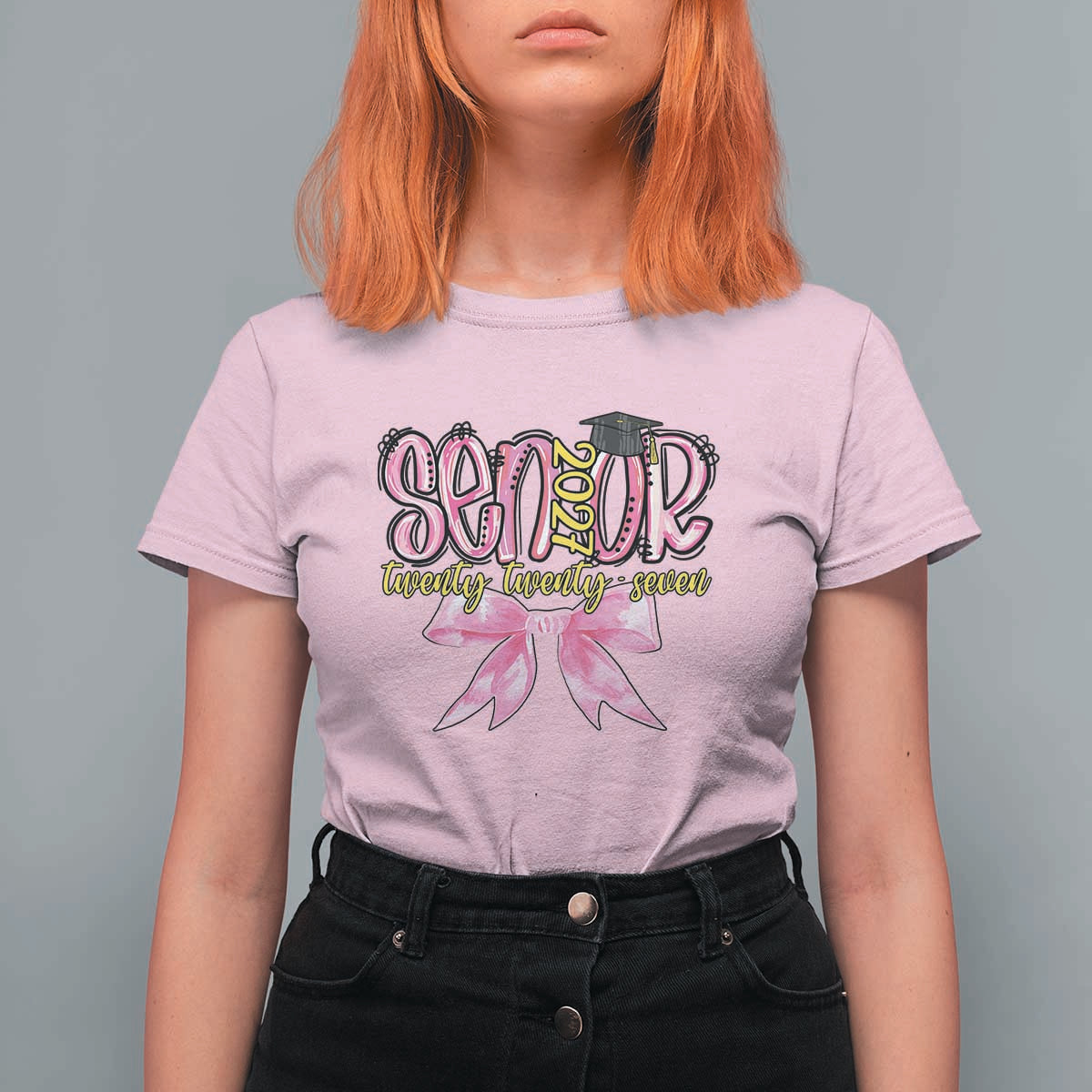 Funny Senior EST 2027 Graduation T Shirt For Women Twenty Twenty Seven Pink Bow