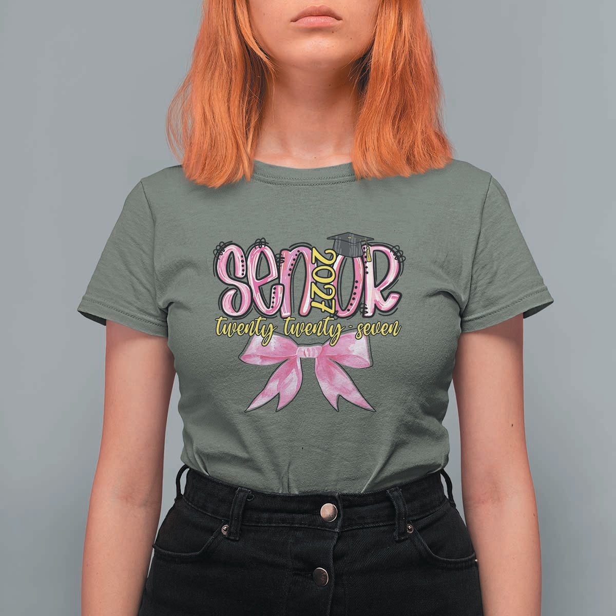 Funny Senior EST 2027 Graduation T Shirt For Women Twenty Twenty Seven Pink Bow